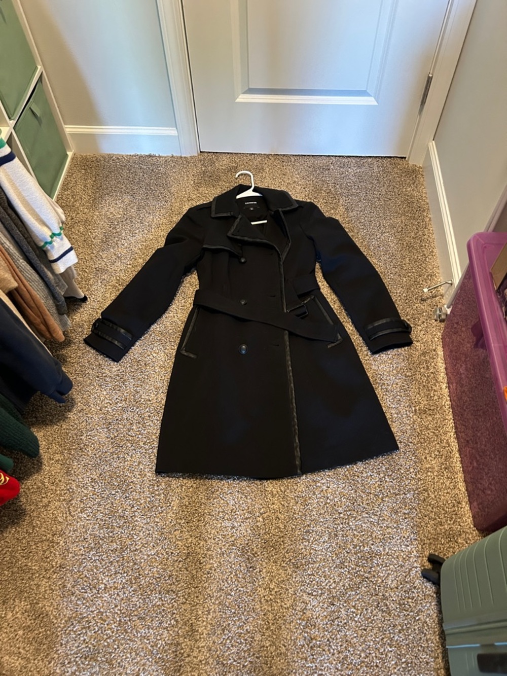 Express Black Double-Breasted Trench Coat with Belt